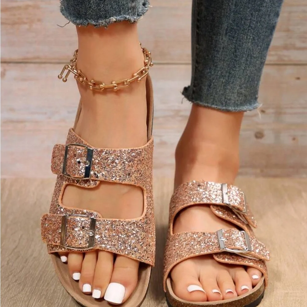 Glamorous Sandals For Women, Glitter Double Buckle Decor Flat Sandals - Picture 2 of 6